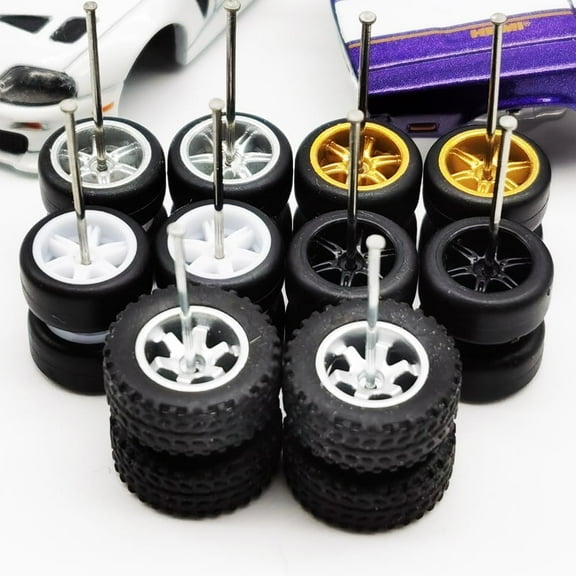 1/64 wheels and Tires Kit to Upgrade Mainline Diecast Model Cars, Car Culture Real Riders Series, ABS and Rubber Material Detail-up Accessories 4 Standard 0.43In and 1 Off-Road 0.55In in A Box