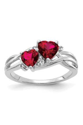 Lab Created Ruby Double Heart Ring for Women, Rhodium Plated 10K White Gold 1.6 Ct, Natural Diamond Accents