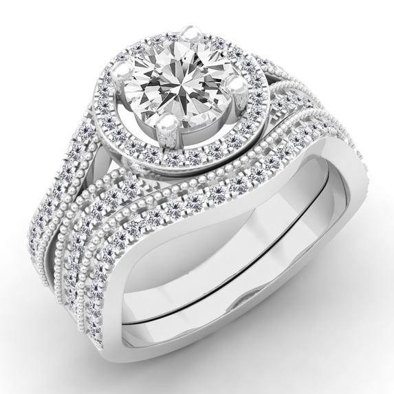 1.65 Carat (ctw) 10K White Gold Round Cut White Diamond Ladies Swirl Bridal Split Shank Halo Engagement Ring With Matchi