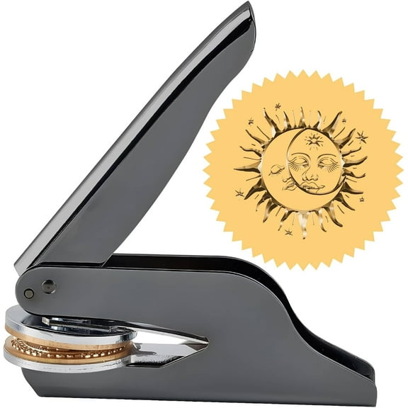 1.65" Embosser Book Stamp Personalized The Sun and The Moon Overlap Decorative Black Stainless Steel Brass Seal Hand Held Embossing Stamper for Graduation Birthday Envelope Invitation