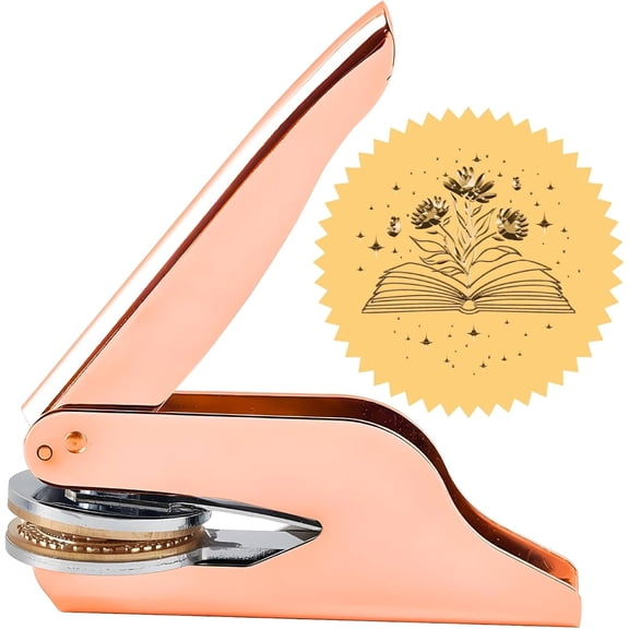 1.65" Floral Book Embosser Stamp Library Spring Elegant Invitation Seal Personalized Rose Gold Stainless Steel Brass Handle Held for Graduation Birthday Envelope Book Lovers Napkin