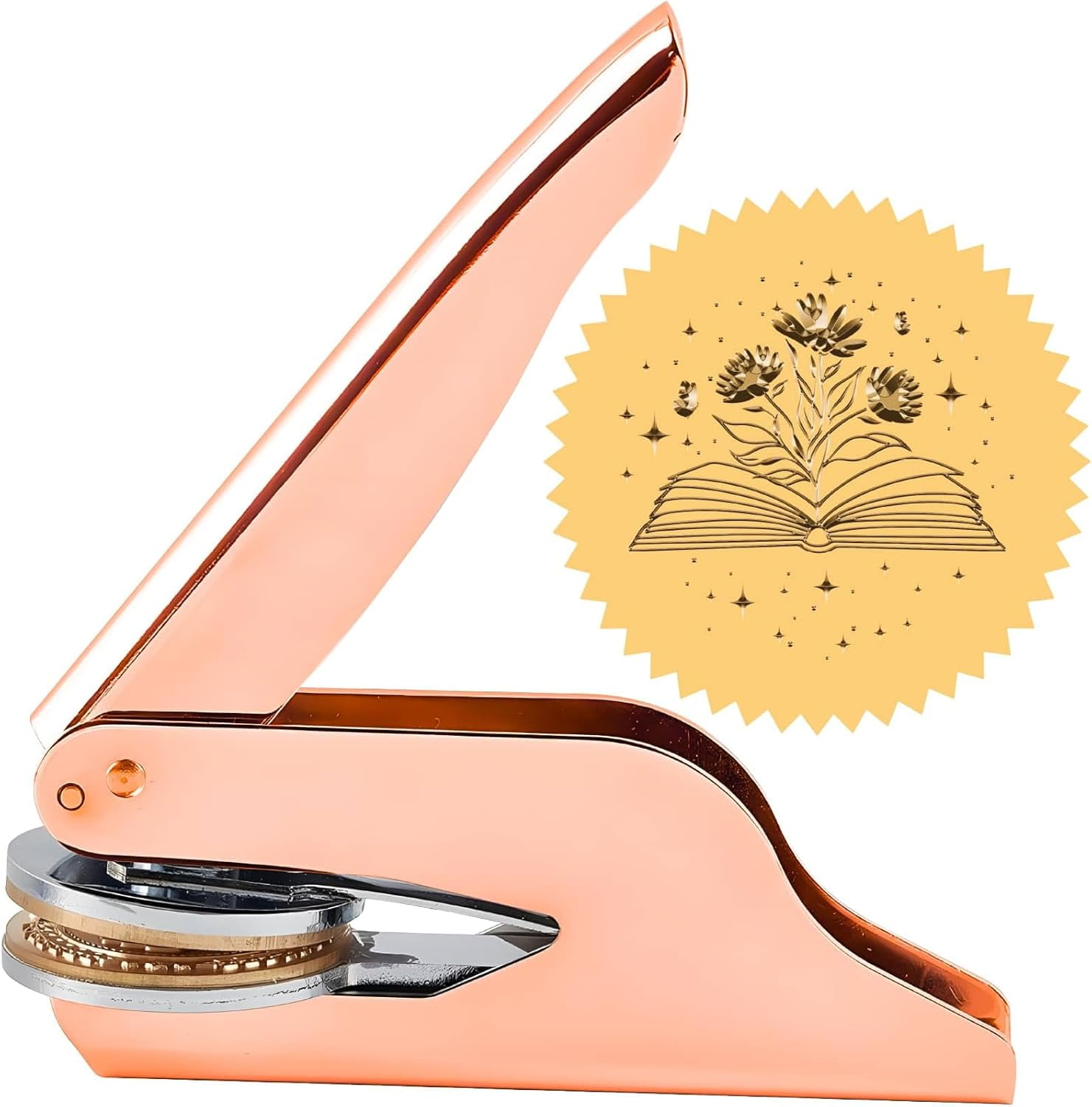 1.65" Floral Book Embosser Stamp Library Spring Elegant Invitation Seal Personalized Rose Gold Stainless Steel Brass Handle Held