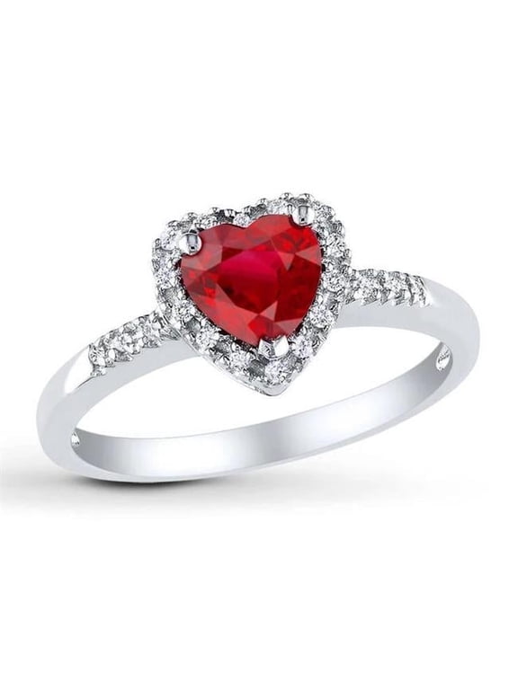 1.65 Heart Cut Red Ruby with Diamond Halo Ring, 14K White Gold - Size 6.5
