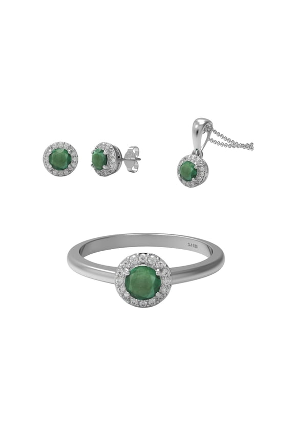 1.66 Ct Round Shape Emerald 925 Sterling Silver Solitaire Halo Ring Pendant Earring Set Jewelry