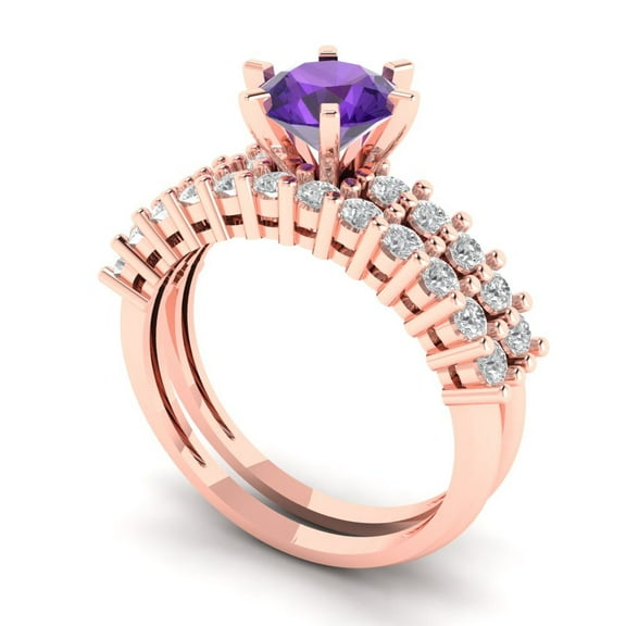 1.66 ct Brilliant Round Cut Natural Amethyst 14k Rose Gold Solitaire with Accents Engagement Bridal Wedding Ring Band Set size 6.25