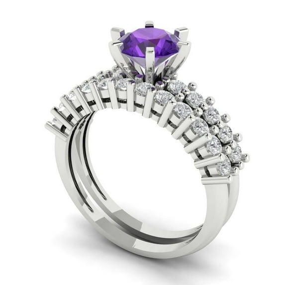 1.66 ct Brilliant Round Cut Natural Amethyst 14k White Gold Solitaire with Accents Engagement Bridal Wedding Ring Band Set size 7.25