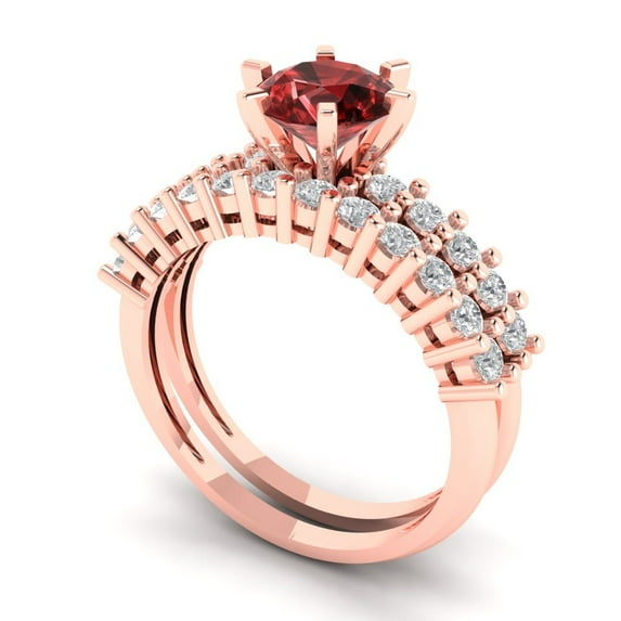 1.66 ct Brilliant Round Cut Natural Garnet 14k Rose Gold Solitaire with Accents Engagement Bridal Wedding Ring Band Set size 7