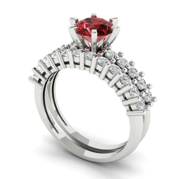 1.66 ct Brilliant Round Cut Natural Garnet 14k White Gold Solitaire with Accents Engagement Bridal Wedding Ring Band Set size 11