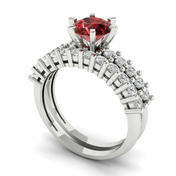 1.66 ct Brilliant Round Cut Natural Garnet 18K White Gold Solitaire with Accents Engagement Bridal Wedding Ring Band Set size 8.25