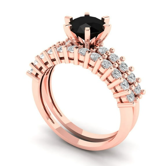 1.66 ct Brilliant Round Cut Natural Onyx 14k Rose Gold Solitaire with Accents Engagement Bridal Wedding Ring Band Set size 8.25
