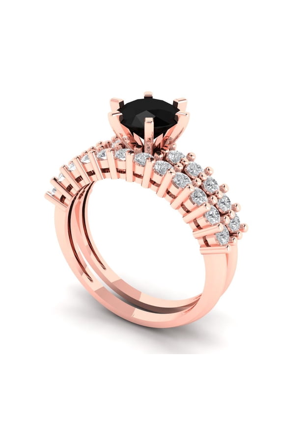 1.66 ct Brilliant Round Cut Natural Onyx 14k Rose Gold Solitaire with Accents Engagement Bridal Wedding Ring Band Set size 8