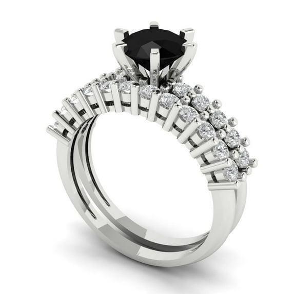 1.66 ct Brilliant Round Cut Natural Onyx 14k White Gold Solitaire with Accents Engagement Bridal Wedding Ring Band Set size 8.25