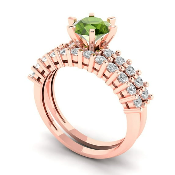 1.66 ct Brilliant Round Cut Natural Peridot 14k Rose Gold Solitaire with Accents Engagement Bridal Wedding Ring Band Set size 5.5