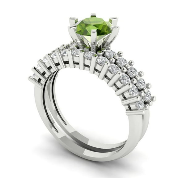 1.66 ct Brilliant Round Cut Natural Peridot 14k White Gold Solitaire with Accents Engagement Bridal Wedding Ring Band Set size 6.25
