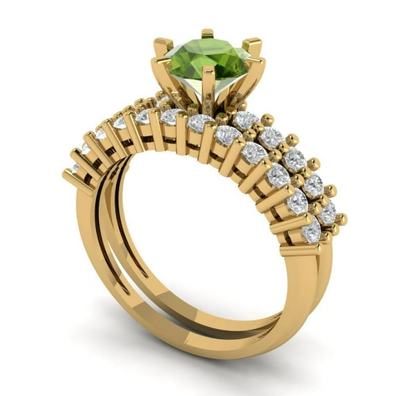 1.66 ct Brilliant Round Cut Natural Peridot 14k Yellow Gold Solitaire with Accents Engagement Bridal Wedding Ring Band Set size 3.75
