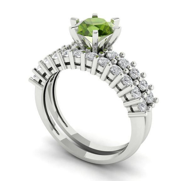 1.66 ct Brilliant Round Cut Natural Peridot 18K White Gold Solitaire with Accents Engagement Bridal Wedding Ring Band Set size 11
