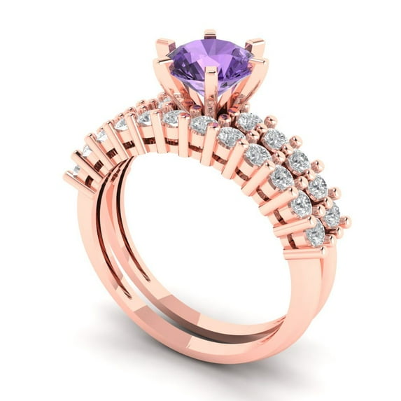 1.66 ct Brilliant Round Cut Alexandrite 18K Rose Gold Solitaire with Accents Engagement Bridal Wedding Ring Band Set size 6