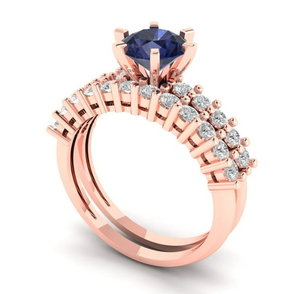 1.66 ct Brilliant Round Cut Blue Sapphire 14k Rose Gold Solitaire with Accents Engagement Bridal Wedding Ring Band Set size 3.75