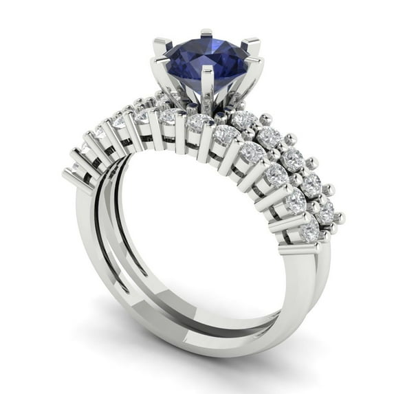 1.66 ct Brilliant Round Cut Blue Sapphire 18K White Gold Solitaire with Accents Engagement Bridal Wedding Ring Band Set size 5.5