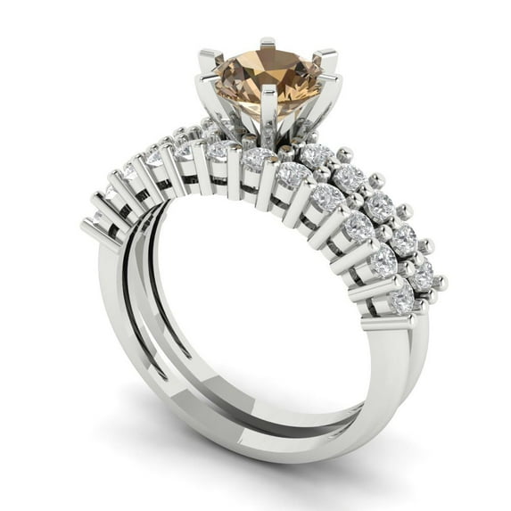 1.66 ct Brilliant Round Cut Champagne 14k White Gold Solitaire with Accents Engagement Bridal Wedding Ring Band Set size 6.5