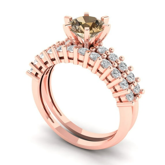 1.66 ct Brilliant Round Cut Champagne 18K Rose Gold Solitaire with Accents Engagement Bridal Wedding Ring Band Set size 5.5