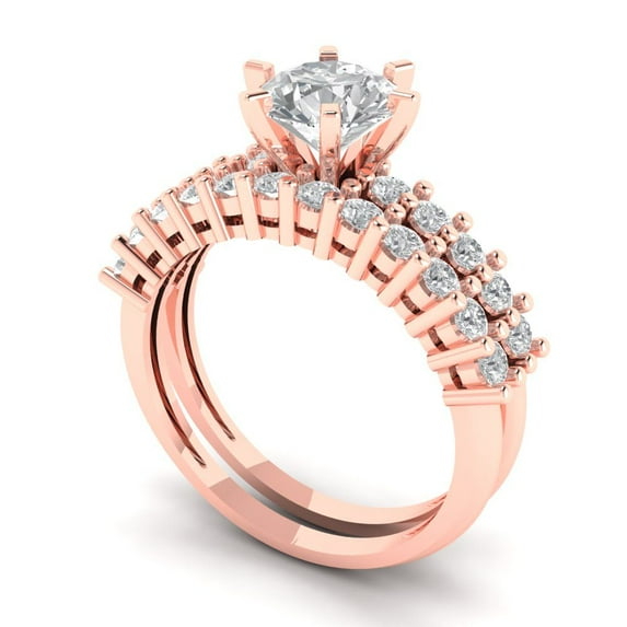 1.66 ct Brilliant Round Cut Zircon 14k Rose Gold Solitaire with Accents Engagement Bridal Wedding Ring Band Set size 8.25