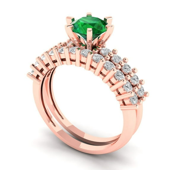 1.66 ct Brilliant Round Cut Emerald 18K Rose Gold Solitaire with Accents Engagement Bridal Wedding Ring Band Set size 10.75