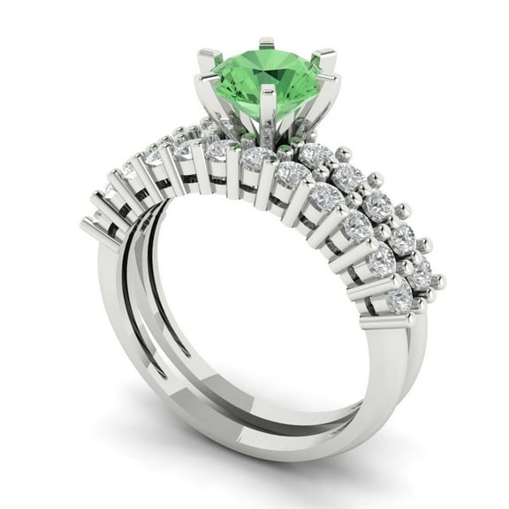1.66 ct Brilliant Round Cut Green Zircon 18K White Gold Solitaire with Accents Engagement Bridal Wedding Ring Band Set size 3.5
