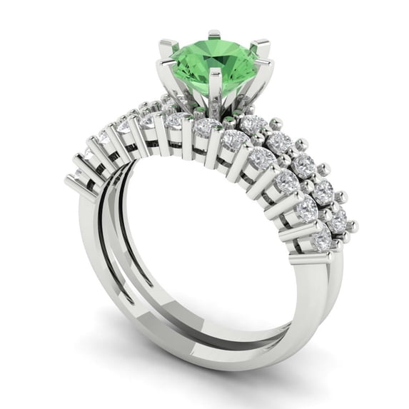 1.66 ct Brilliant Round Cut Green Zircon 18K White Gold Solitaire with Accents Engagement Bridal Wedding Ring Band Set size 7.25