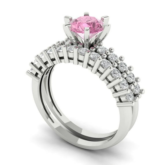 1.66 ct Brilliant Round Cut Pink Zircon 14k White Gold Solitaire with Accents Engagement Bridal Wedding Ring Band Set size 10
