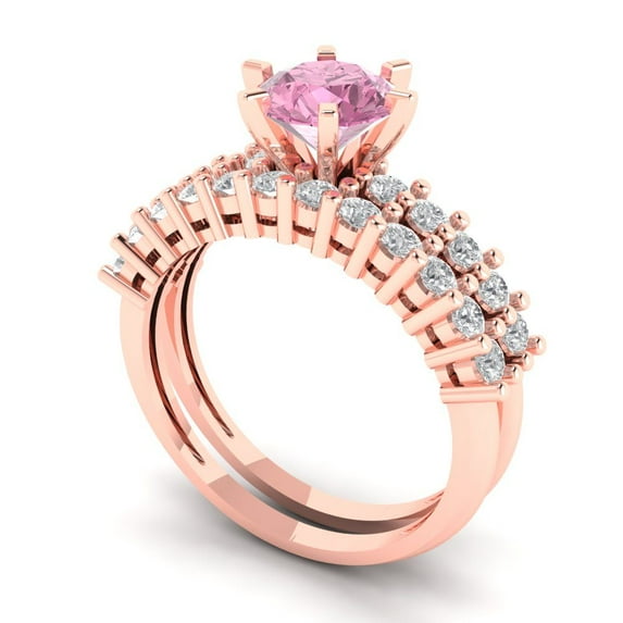 1.66 ct Brilliant Round Cut Pink Zircon 18K Rose Gold Solitaire with Accents Engagement Bridal Wedding Ring Band Set size 6.25