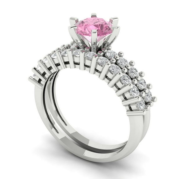 1.66 ct Brilliant Round Cut Pink Zircon 18K White Gold Solitaire with Accents Engagement Bridal Wedding Ring Band Set size 3.5