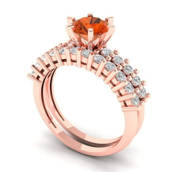 1.66 ct Brilliant Round Cut Red Zircon 18K Rose Gold Solitaire with Accents Engagement Bridal Wedding Ring Band Set size 7