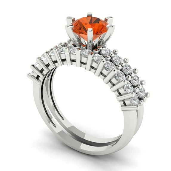 1.66 ct Brilliant Round Cut Red Zircon 18K White Gold Solitaire with Accents Engagement Bridal Wedding Ring Band Set size 11