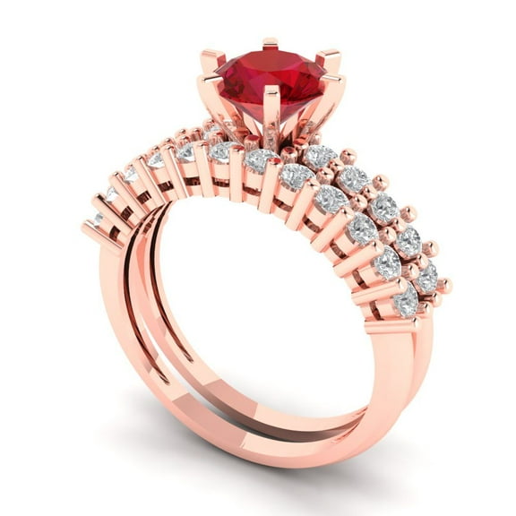 1.66 ct Brilliant Round Cut Ruby 14k Rose Gold Solitaire with Accents Engagement Bridal Wedding Ring Band Set size 6.25