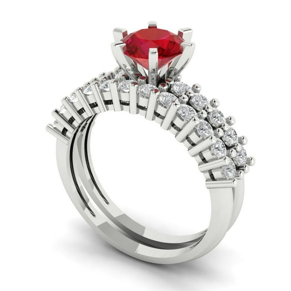 1.66 ct Brilliant Round Cut Ruby 14k White Gold Solitaire with Accents Engagement Bridal Wedding Ring Band Set size 7.75
