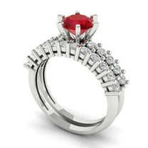 1.66 ct Brilliant Round Cut Ruby 18K White Gold Solitaire with Accents Engagement Bridal Wedding Ring Band Set size 8.25
