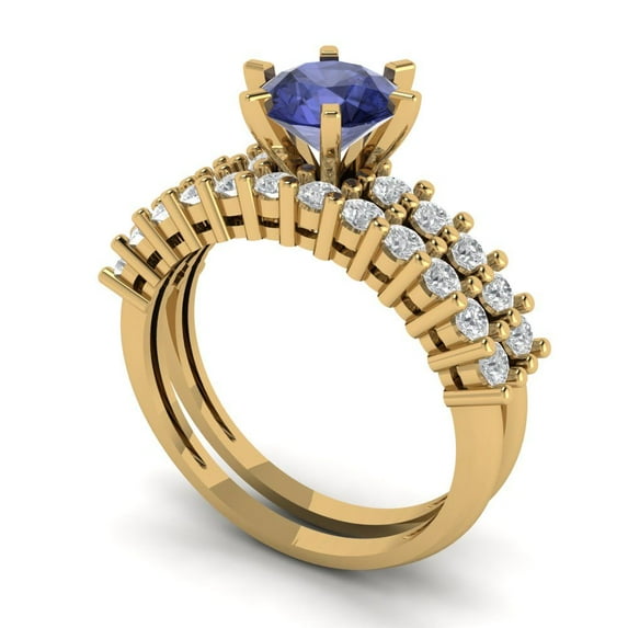 1.66 ct Brilliant Round Cut Tanzanite 14k Yellow Gold Solitaire with Accents Engagement Bridal Wedding Ring Band Set size 4.25