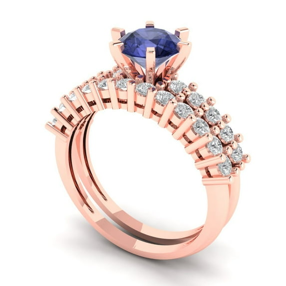 1.66 ct Brilliant Round Cut Tanzanite 18K Rose Gold Solitaire with Accents Engagement Bridal Wedding Ring Band Set size 10.75