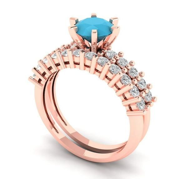 1.66 ct Brilliant Round Cut Turquoise 18K Rose Gold Solitaire with Accents Engagement Bridal Wedding Ring Band Set size 6.25
