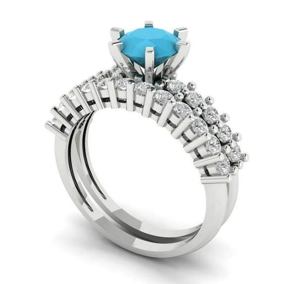 1.66 ct Brilliant Round Cut Turquoise 18K White Gold Solitaire with Accents Engagement Bridal Wedding Ring Band Set size 10