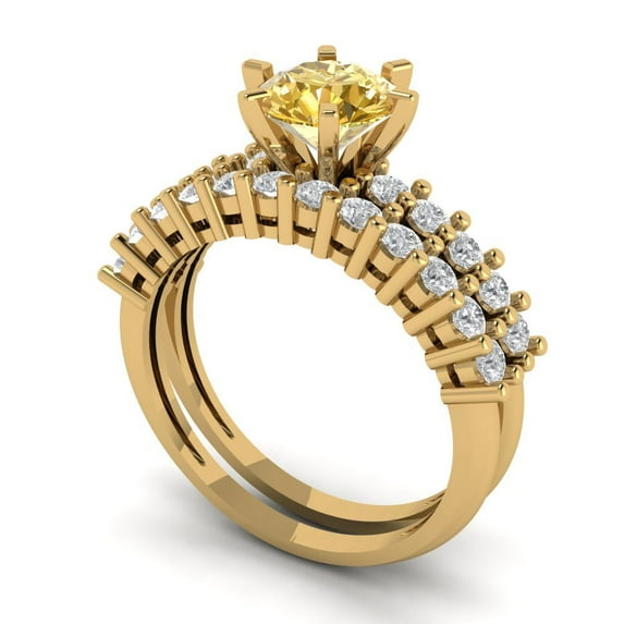 1.66 ct Brilliant Round Cut Yellow Zircon 18K Yellow Gold Solitaire with Accents Engagement Bridal Wedding Ring Band Set size 11