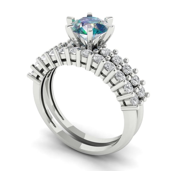1.66 ct Brilliant Round Cut Blue Moissanite 14k White Gold Solitaire with Accents Engagement Bridal Wedding Ring Band Set size 4