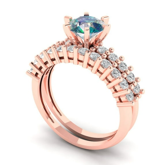 1.66 ct Brilliant Round Cut Blue Moissanite 18K Rose Gold Solitaire with Accents Engagement Bridal Wedding Ring Band Set size 9.25