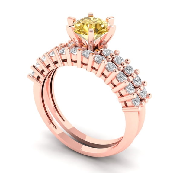 1.66 ct Brilliant Round Cut Yellow Moissanite 14k Rose Gold Solitaire with Accents Engagement Bridal Wedding Ring Band Set size 3.5