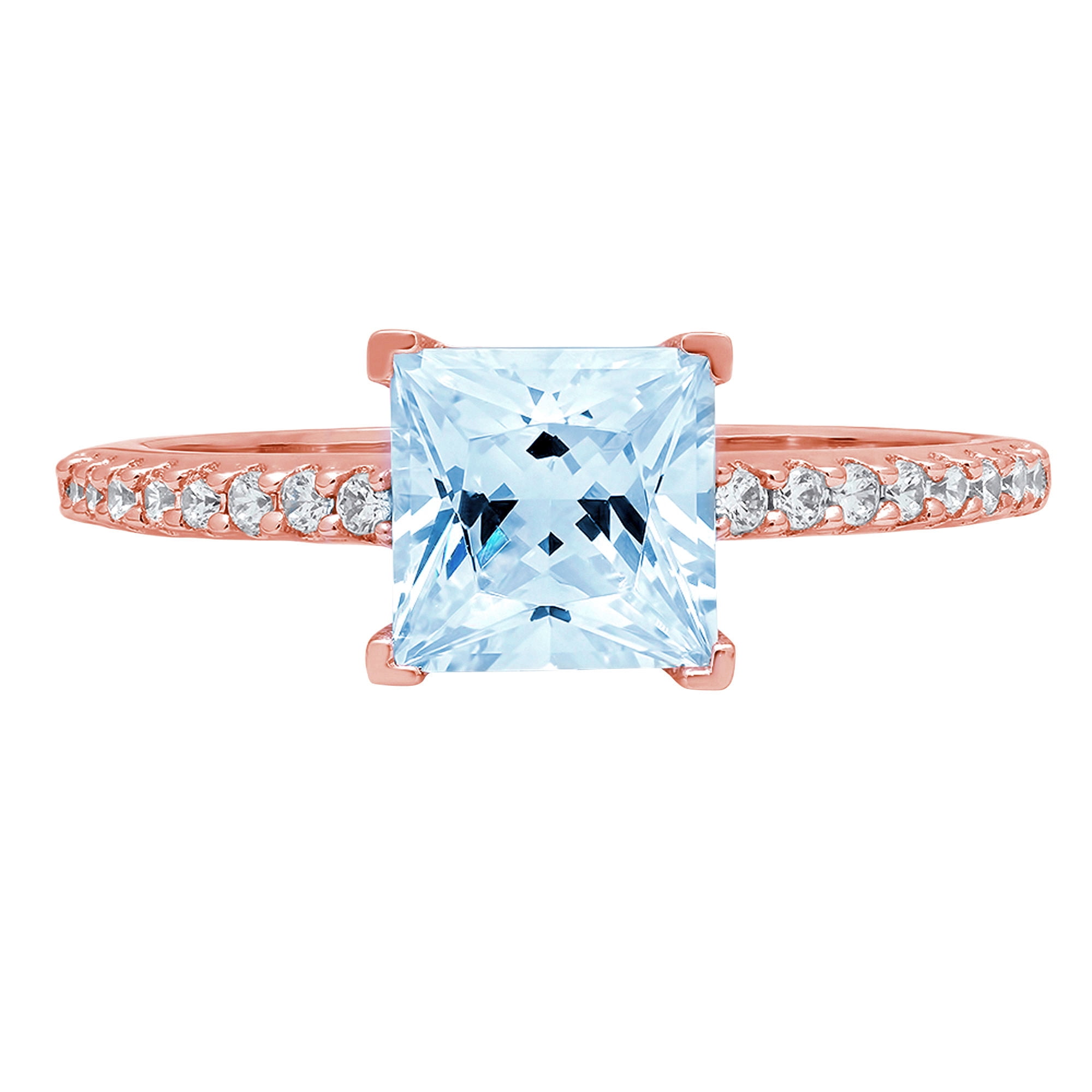 PB Collection Princess Cut Aquamarine Simulated Diamond Ring - Three Stone Sterling Silver Rose Gold Plated Statement Ring