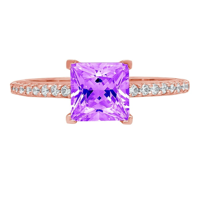 1.66ct Princess cut - Solitaire with Accents - Natural Amethyst - 14k Rose Gold - Engagement Ring