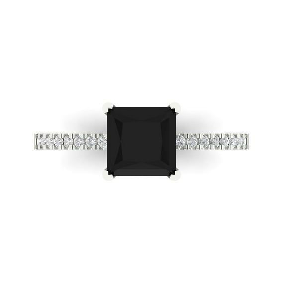 1.62 ctw Solitaire with Zirconia Diamond Accents Anniversary Ring for Women | Princess Cut Natural Onyx | Hyperallergenic Solid 14K White Gold