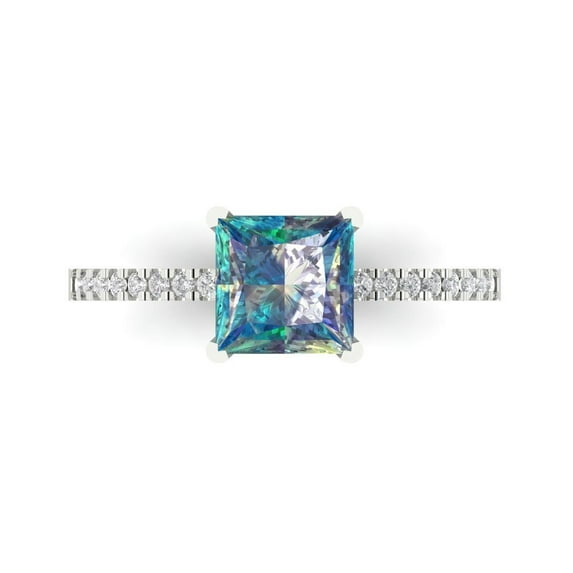 1.62 ct Princess Cut Blue Moissanite Solitaire with Simulated Diamond Accents 14K White Gold Womens Engagement Ring