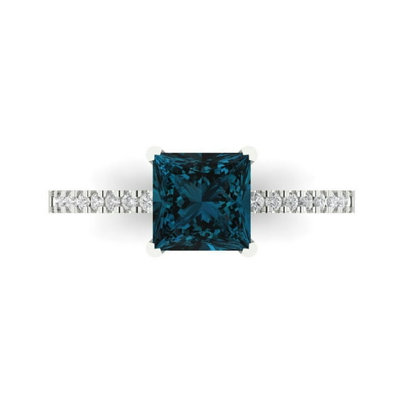 1.62 ct Princess Cut Natural London Blue Topaz Solitaire with Simulated Diamond Accents 18K White Gold Womens Engagement Ring